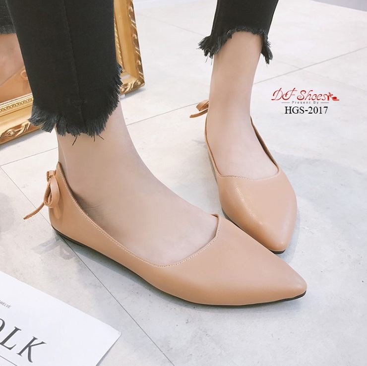 รองเท้าคัทชูส้นแบนแต่งโบว์หลัง (สีกากี)