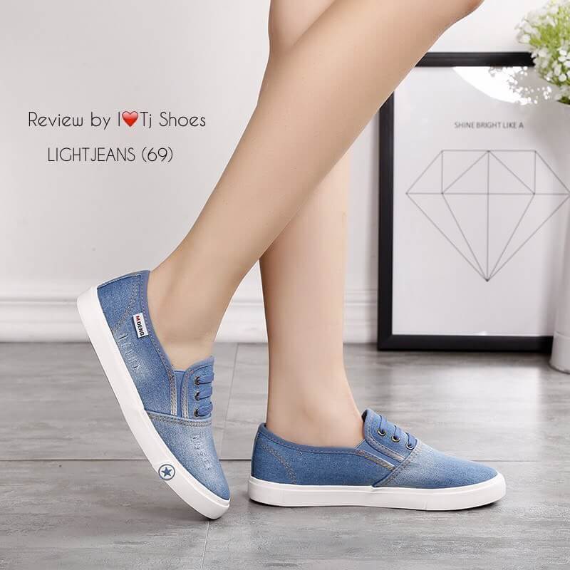 รองเท้าผ้าใบยีนส์ Slip on แต่งเชือก (สีอ่อน)