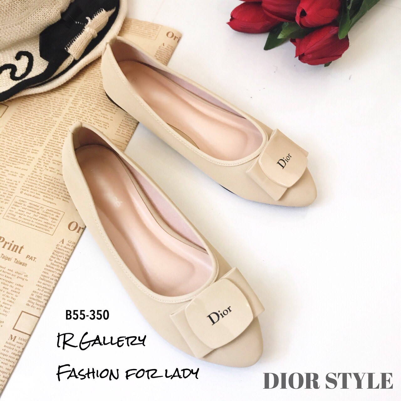 รองเท้าคัทชูส้นแบน Style Dior (สีครีม)