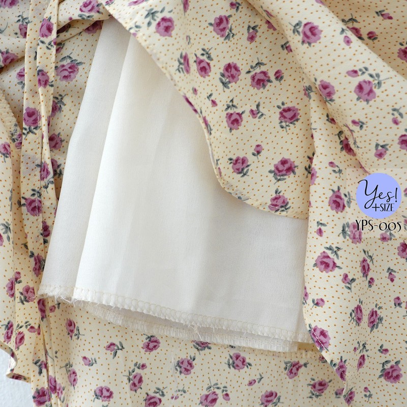 ชุดเดรสสั้นแขนยาว สาวอวบ อก 40-46 นิ้ว สีครีมอมเหลือง ลายดอกไม้สีม่วง YPS-005