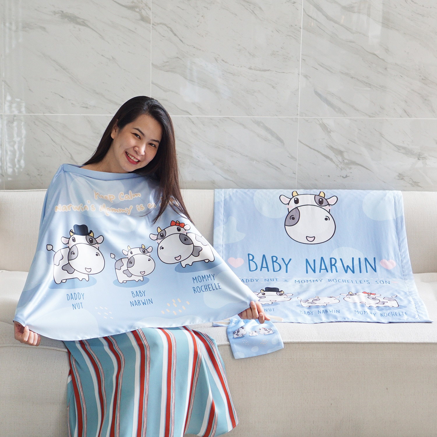 ชุดของขวัญเด็กแรกเกิด ผ้าคลุมให้นม + ผ้าห่มขนาด 75x100cm ลาย Cow1 - Indigo