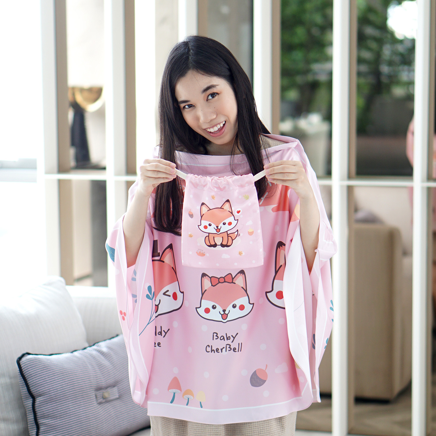 ผ้าคลุมให้นม สั่งทำใส่ชือ ลาย Fox Family - Pink