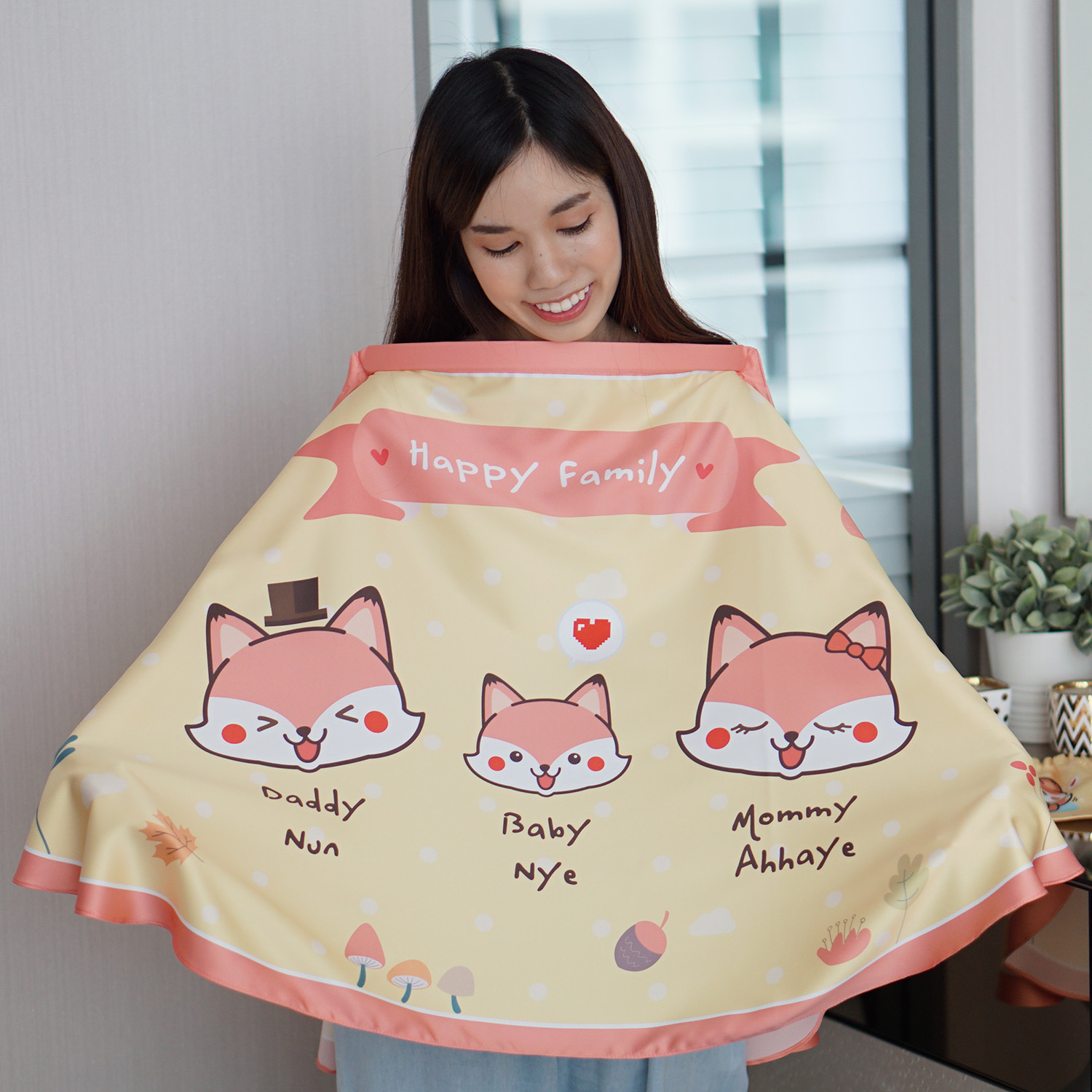 ผ้าคลุมให้นม สั่งทำใส่ชือ ลาย Fox Family - Yellow