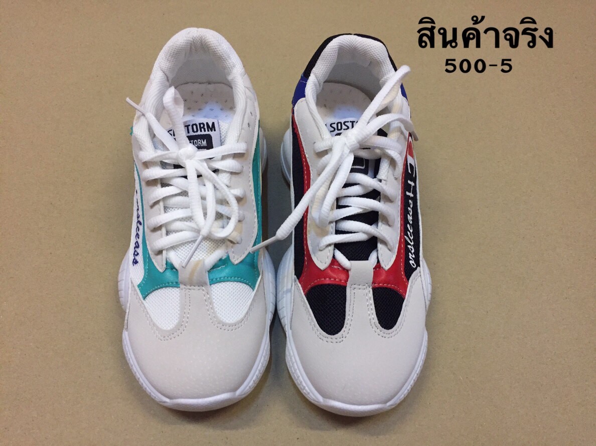 รองเท้าผ้าใบทรง Sportแต่งลายแฟชั่นพาสเทล (สีแดง)