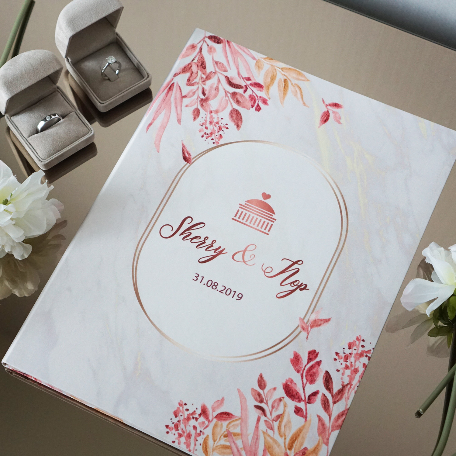 แฟ้มทะเบียนสมรส/สูติบัตร สั่งทำใส่ข้อความ ลาย Gold Marble - Autumn