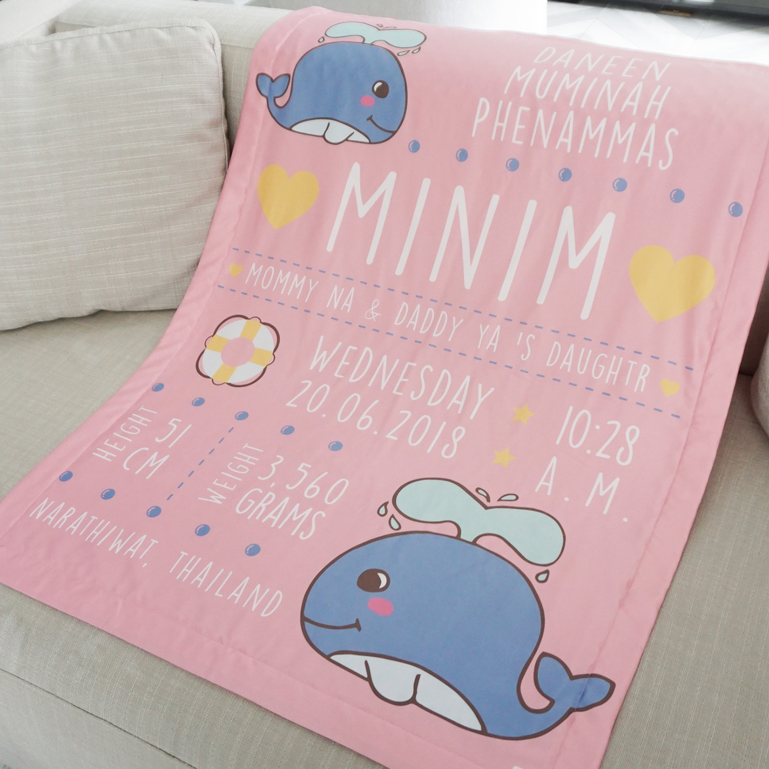 ผ้าห่มเด็ก ใส่ประวัติแรกเกิด ลายวาฬ สีชมพู / Whale - Pink