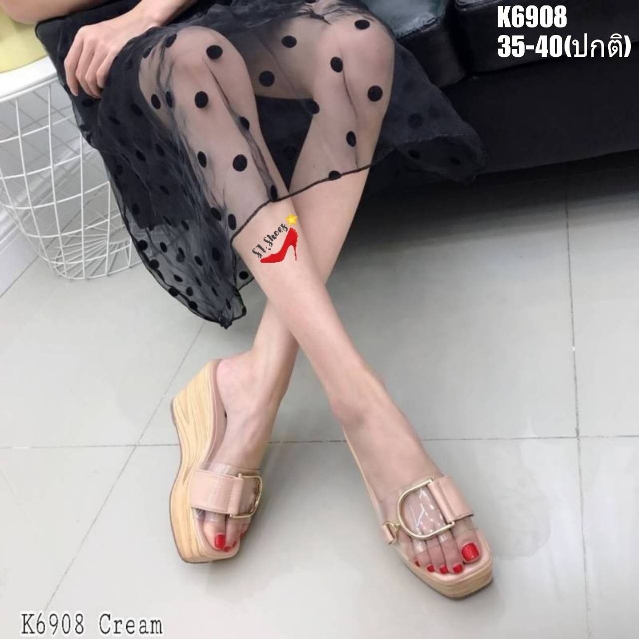 รองเท้าลำลองส้นเตารีดแต่งpuใส (สีชมพู)