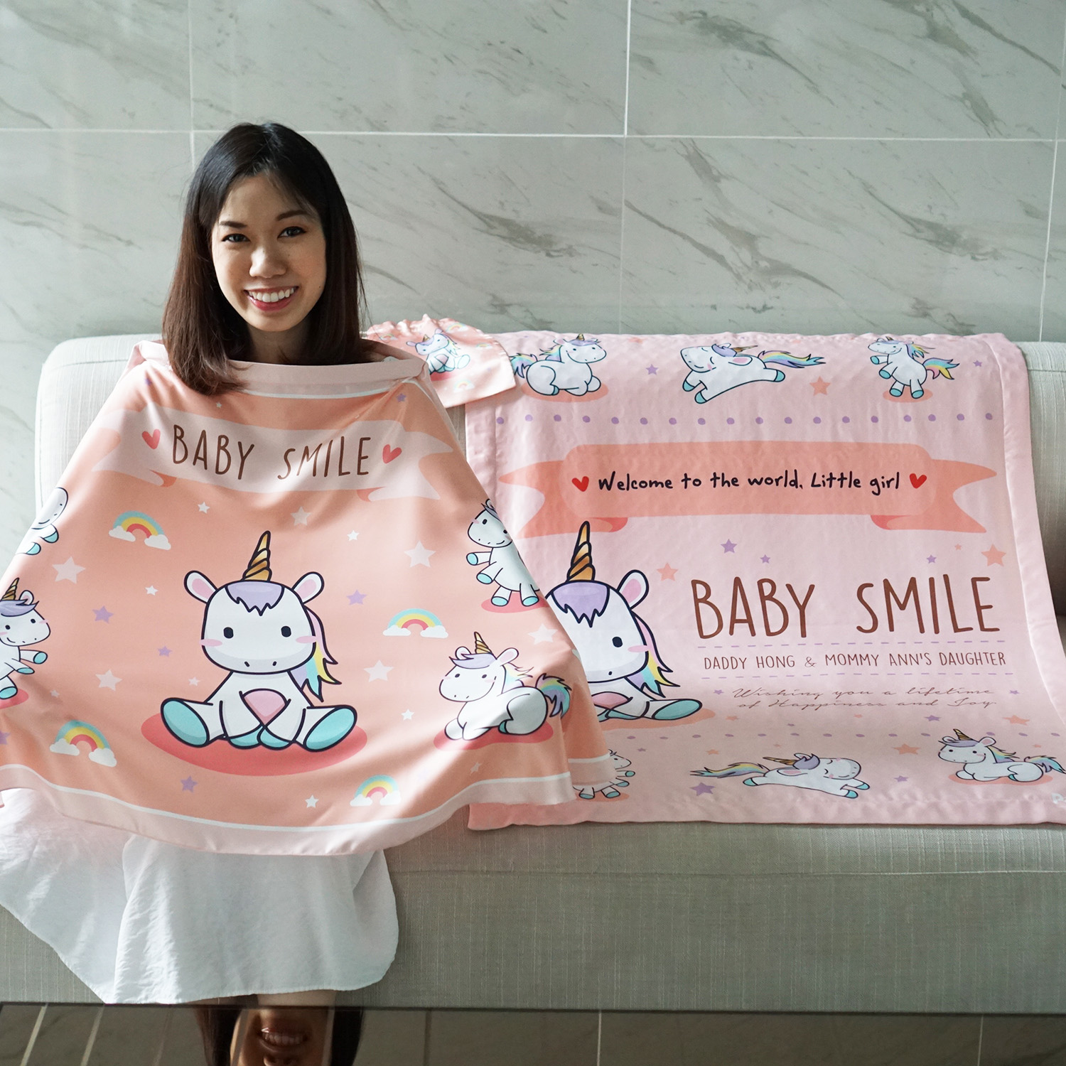 ชุดของขวัญเด็กแรกเกิด ผ้าคลุมให้นม + ผ้าห่มขนาด 75x100cm ลาย Unicorn - Peach