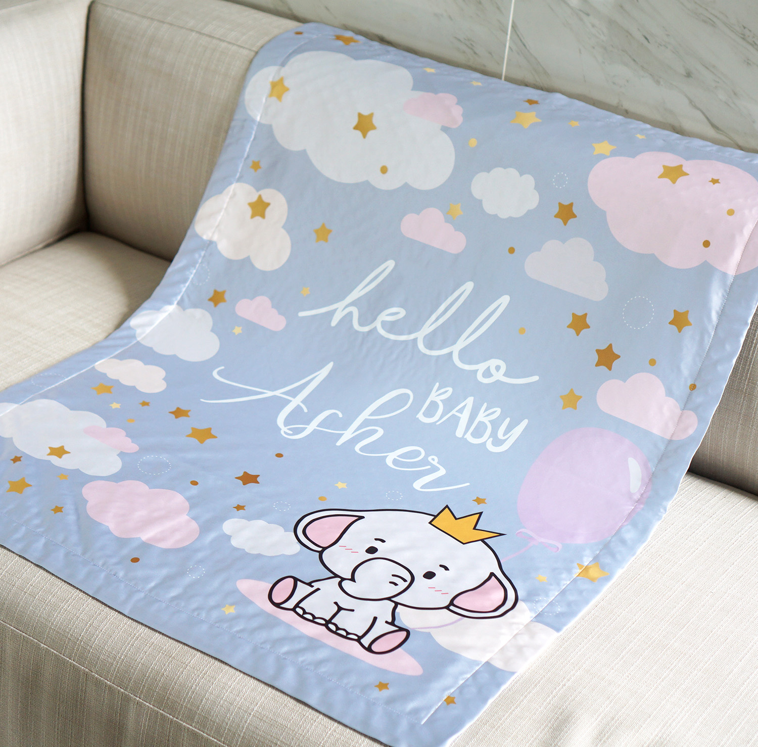 ผ้าห่ม ใส่ชื่อ ลาย Elephant - Moon Grey