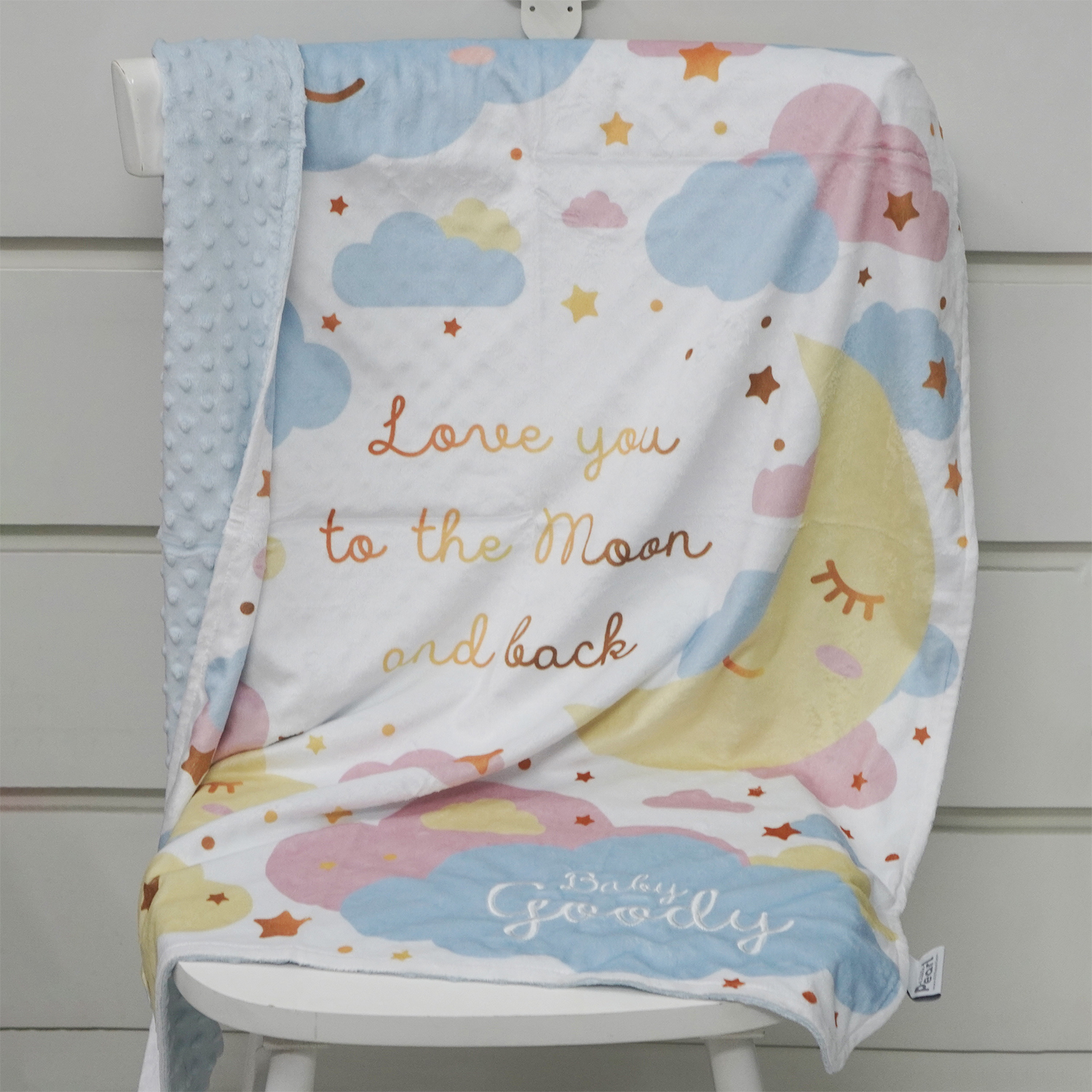ผ้าห่ม Minky ลาย Moon 75x100cm แบบปักชื่อ ด้านหลังสีฟ้า