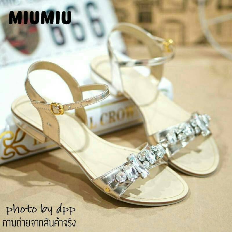 พร้อมส่ง : รองเท้าMIU MIUประดับเพชร (สีทอง)