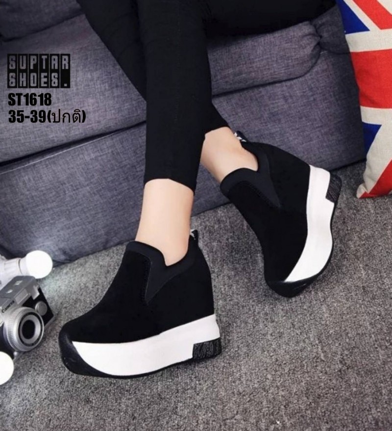 รองเท้าผ้าใบเสริมส้นตัดสีทูโทนแบบสวม (สีดำ)
