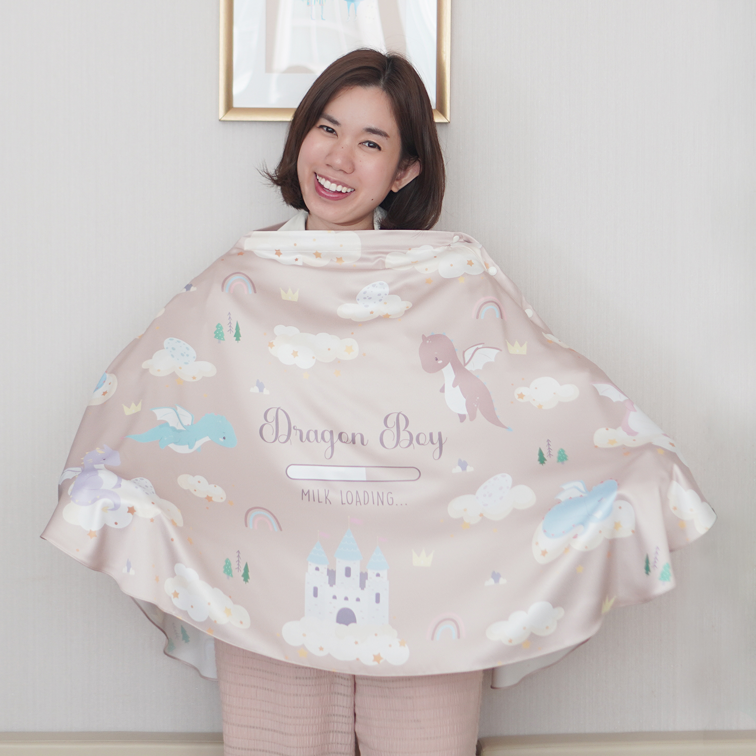 ผ้าคลุมให้นม 3in1 (รุ่นมีกระดุม ถอดโครงได้) แบบสั่งทำใส่ชื่อ ลาย Dragon - Brown