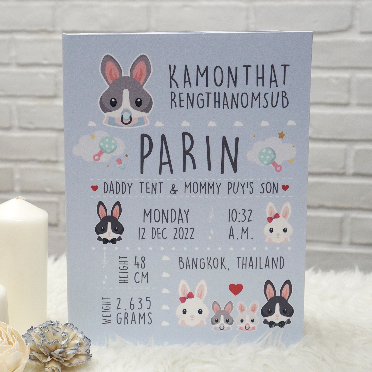แฟ้มทะเบียนสมรส/สูติบัตร สั่งทำใส่ข้อความ ลาย Rabbit - Blue