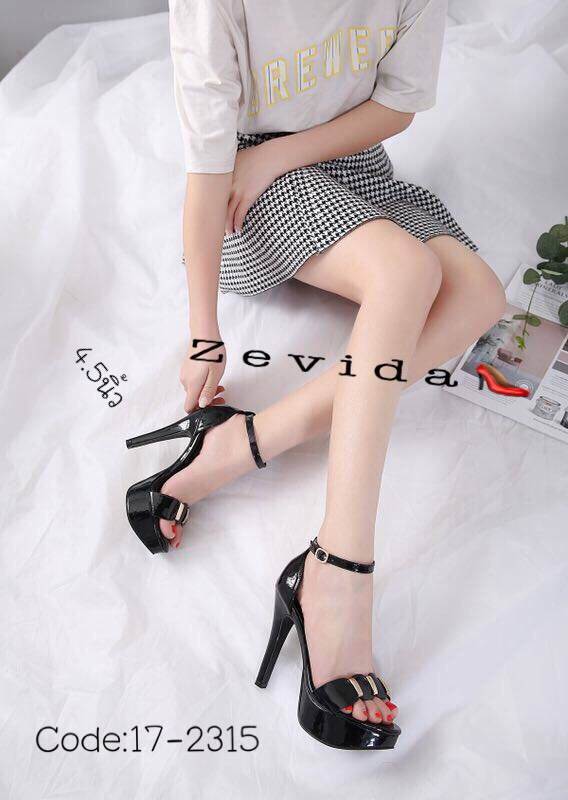 รองเท้าส้นสูงหนังเงารัดข้อ (สีดำ)