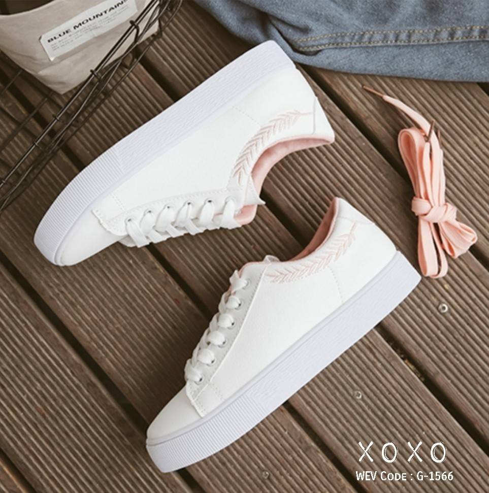 รองเท้าผ้าใบแต่งขอบสีพาสเทล (สีชมพู)