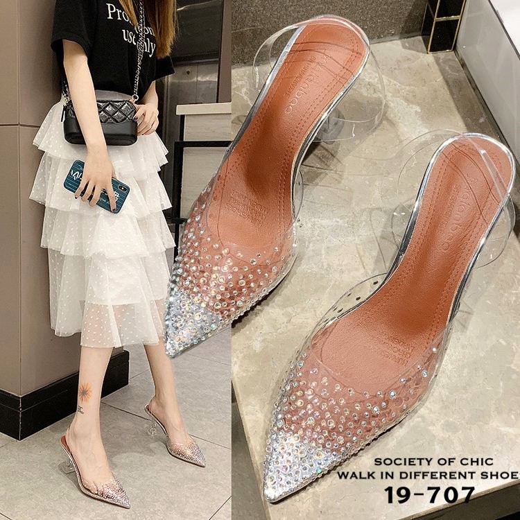 รองเท้าเปิดส้นแต่งสายคาดคริสตัล (สีเงิน)