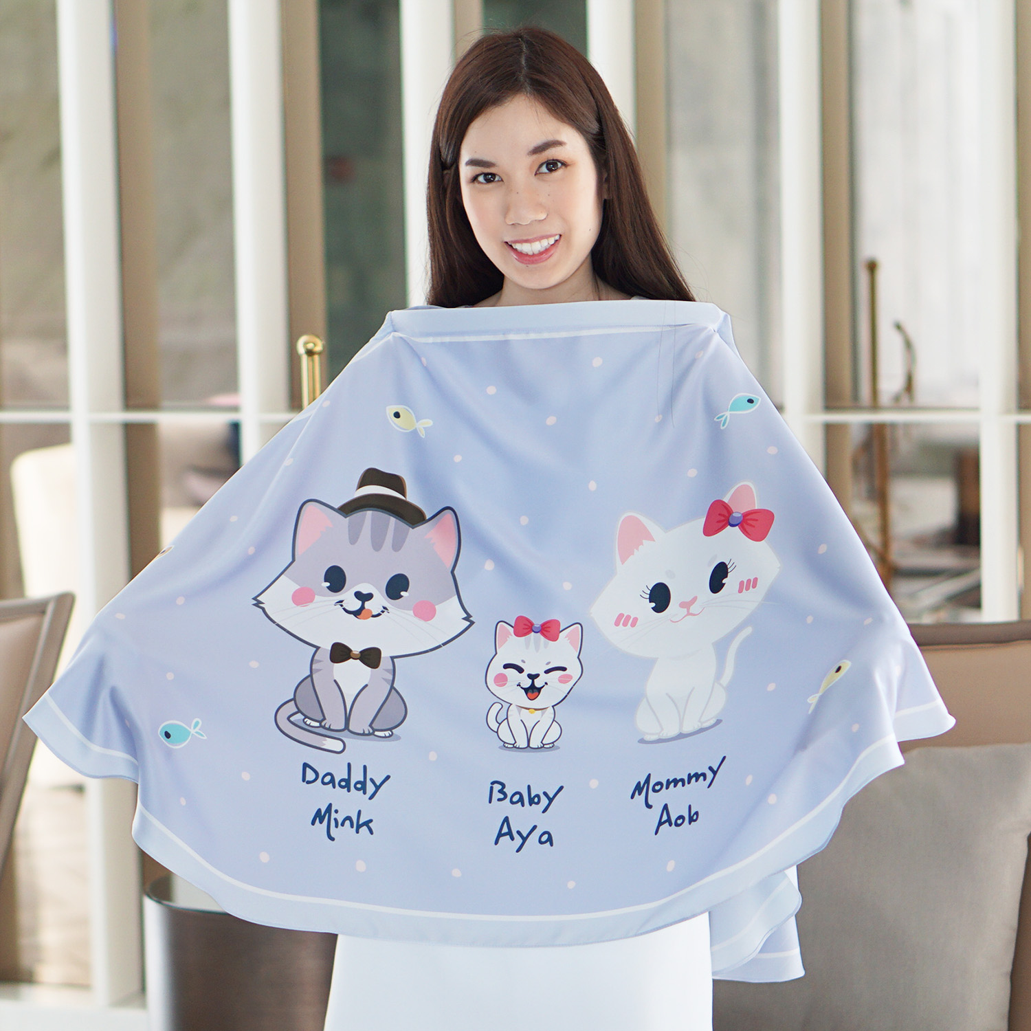 ผ้าคลุมให้นม สั่งทำใส่ชือ ลาย Kitten's Family - Lavender