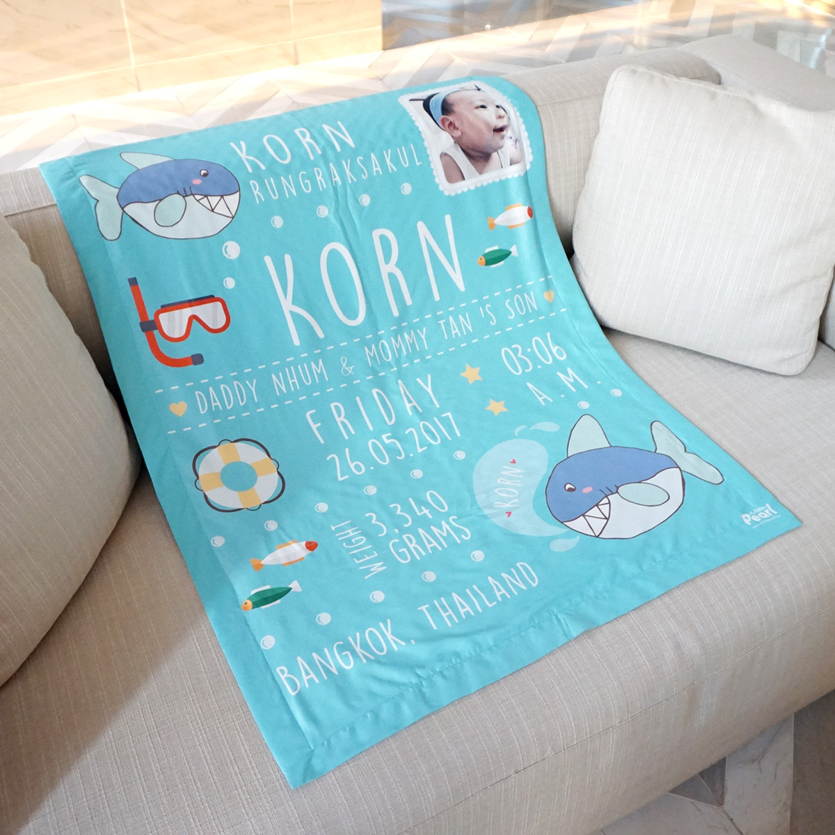 ผ้าห่ม ใส่ประวัติแรกเกิด+รูปถ่าย ลายฉลาม Shark - Turquoise