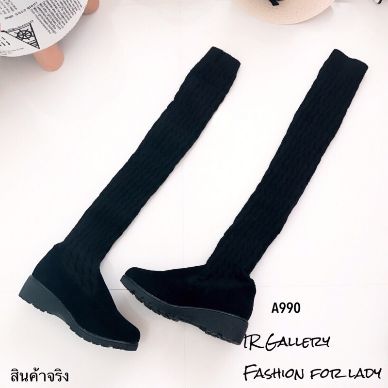 รองเท้าบูทยาวตัดต่อสไตล์ถุงเท้า (สีน้ำตาล)