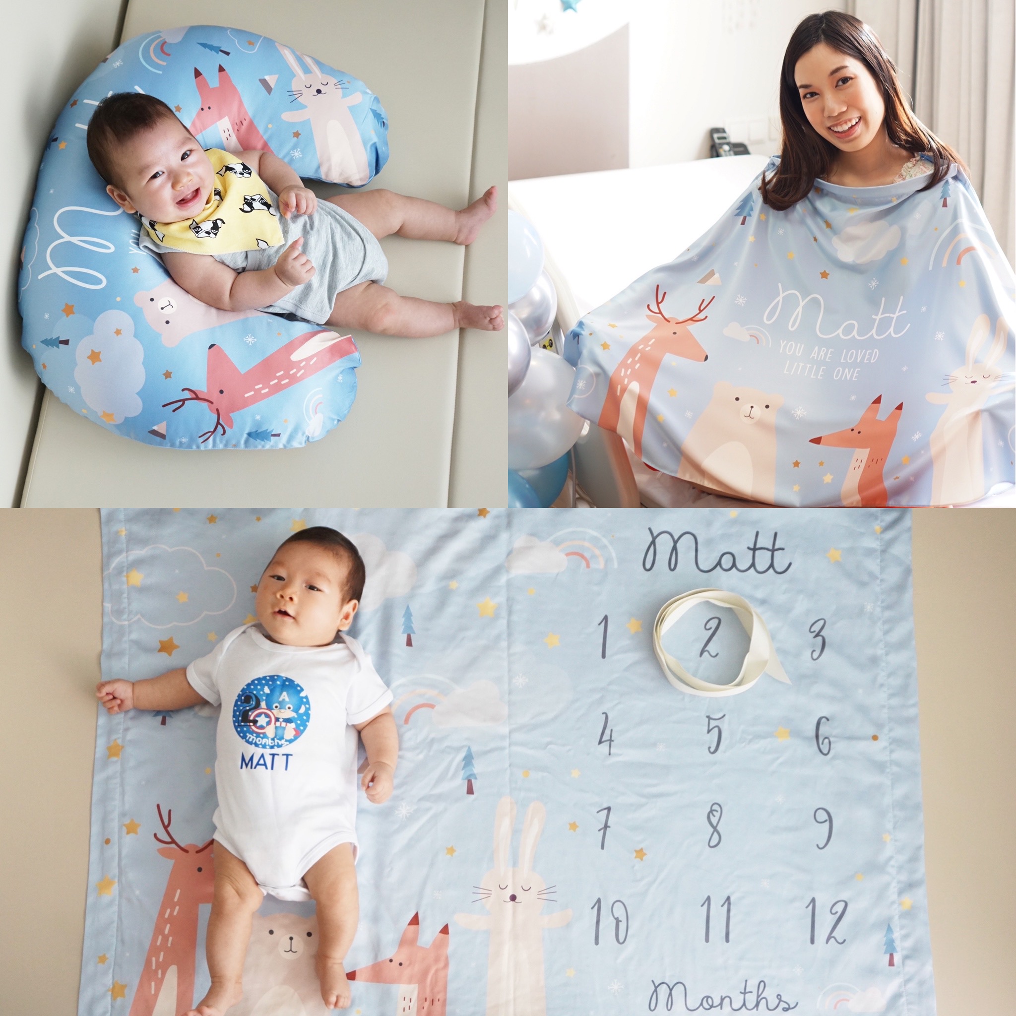 ชุดของขวัญเด็กแรกเกิด NP3 ผ้าห่ม ขนาด 75x100cm + ผ้าคลุมให้นม + หมอนรองให้นม ลาย Woodland - Blue