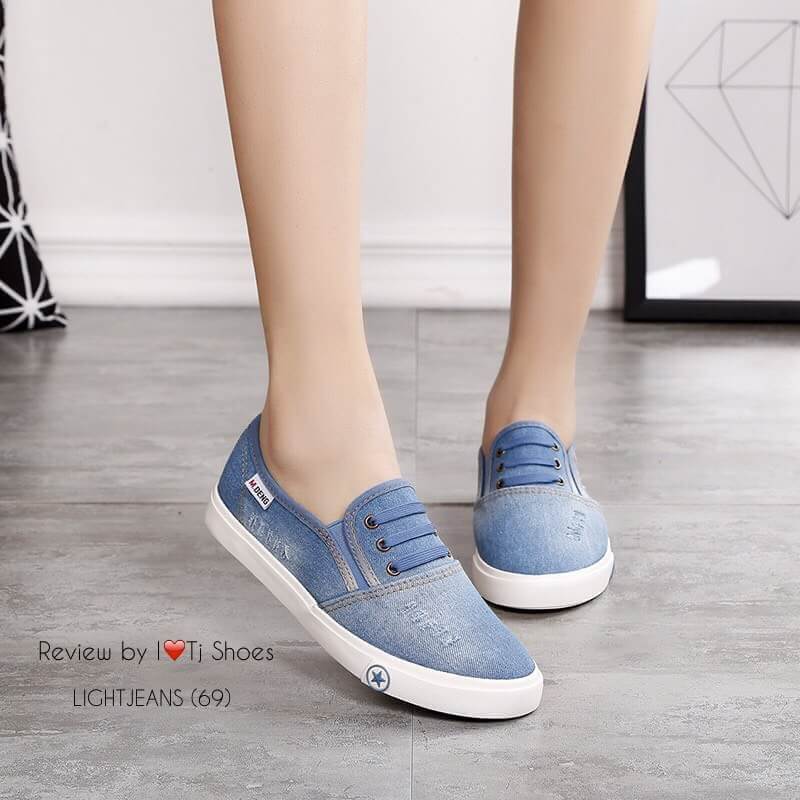 รองเท้าผ้าใบยีนส์ Slip on แต่งเชือก (สีอ่อน)