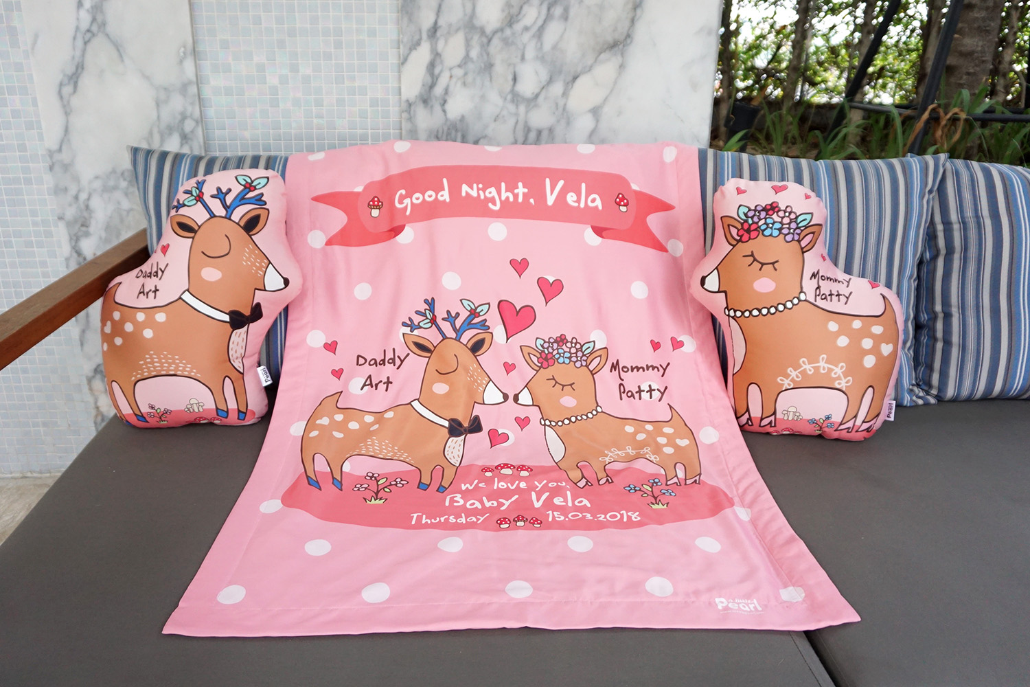 ผ้าห่มเด็ก ใส่ประวัติแรกเกิดลายกวางคู่ สีชมพู / Couple Deer - Pink