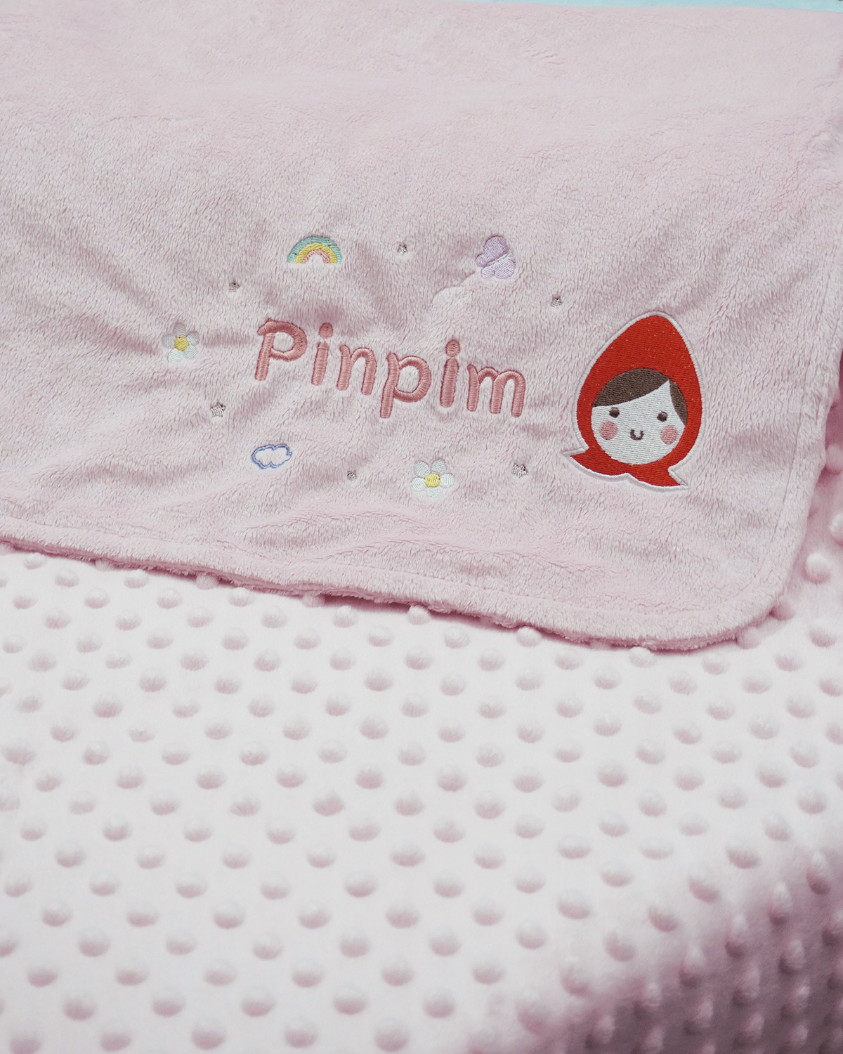 ผ้าห่ม Minky - สีชมพู 75x100cm แบบปักชื่อ+การ์ตูน - Little Red Riding Hood