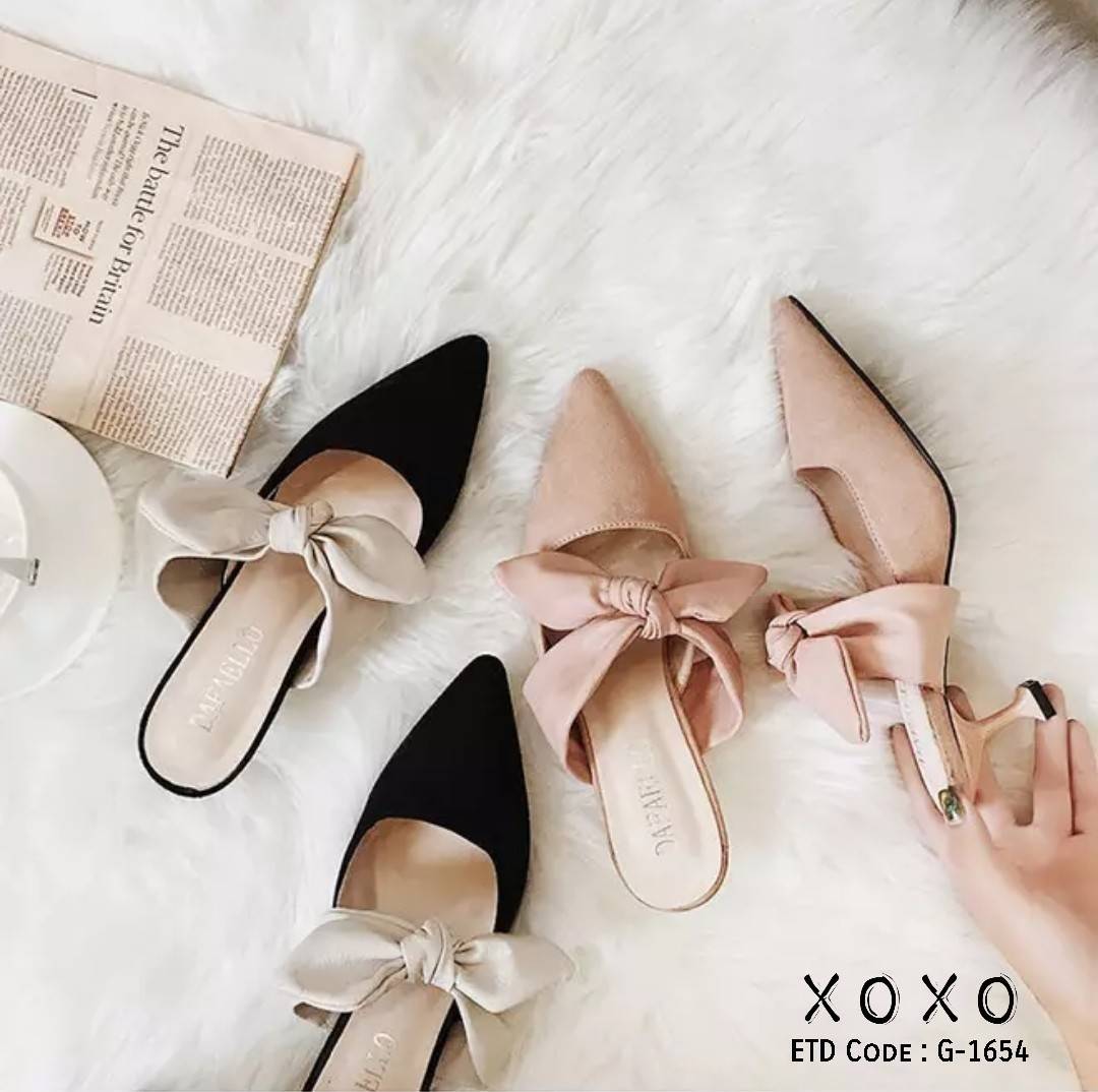 รองเท้าคัทชูเปิดส้นแต่งโบว์ (สีดำ)