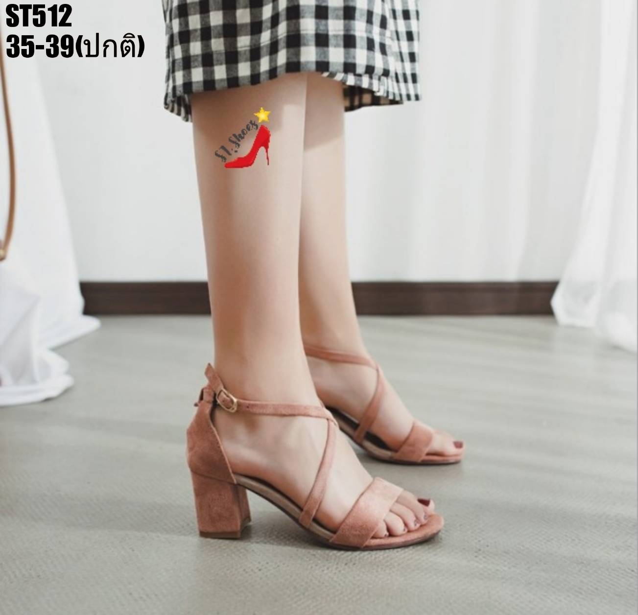 รองเท้าส้นตันสายไขว้รัดข้อ (สีชมพู)