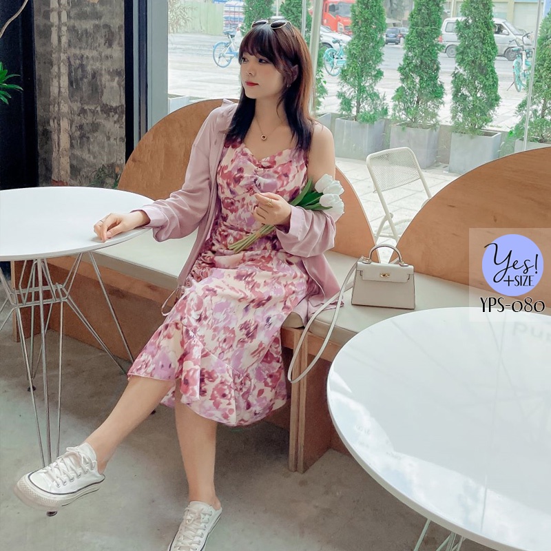 ชุดเดรสสายเดี่ยวสาวอวบอก 40-50 นิ้ว ลายเพ้นท์ จีบอก กระโปรงชายระบาย ดึงรูดข้างได้ สีชมพู/สีฟ้า YPS-080