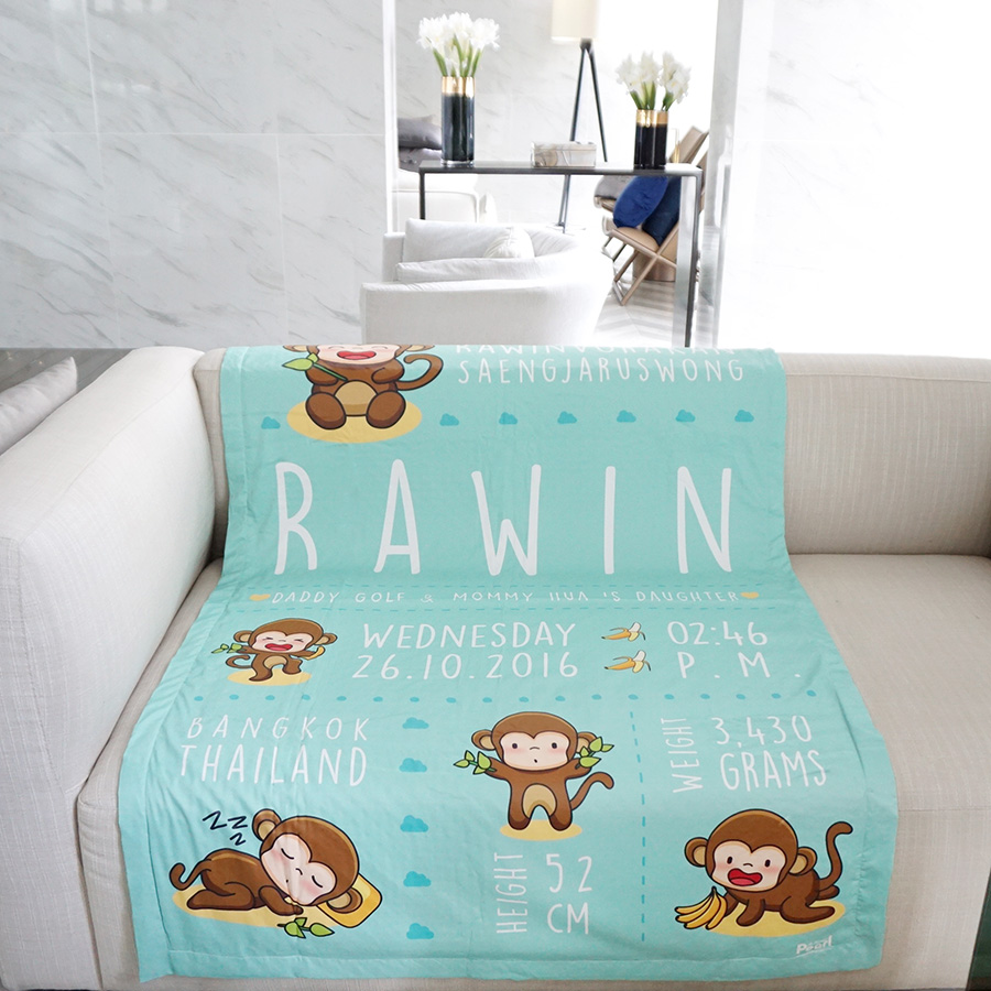 ผ้าห่ม ใส่ประวัติแรกเกิด ลายลิง สีมิ้นท์ ไซส์ใหญ่ 100x150cm