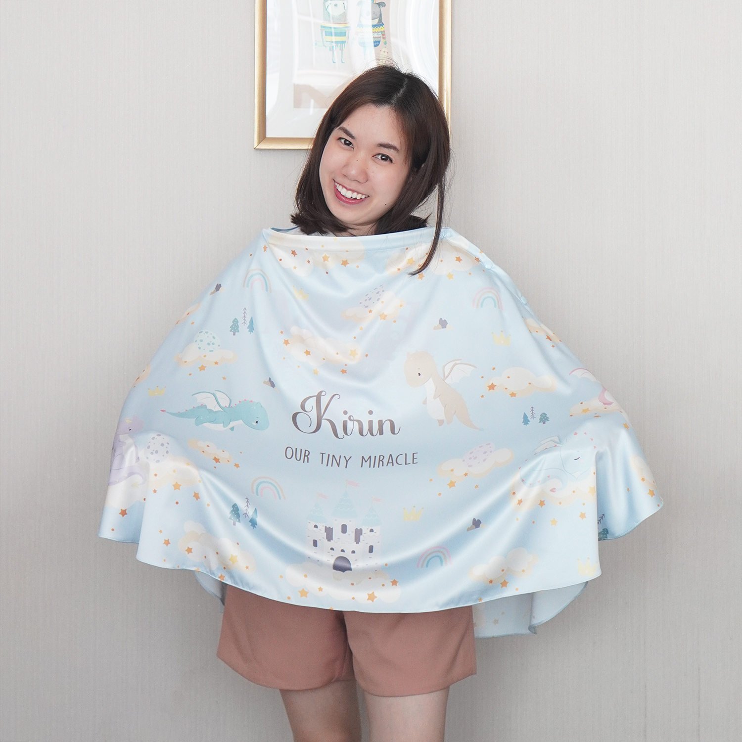 ผ้าคลุมให้นม 3in1 (รุ่นมีกระดุม ถอดโครงได้) แบบสั่งทำใส่ชื่อ ลาย Dragon - Blue