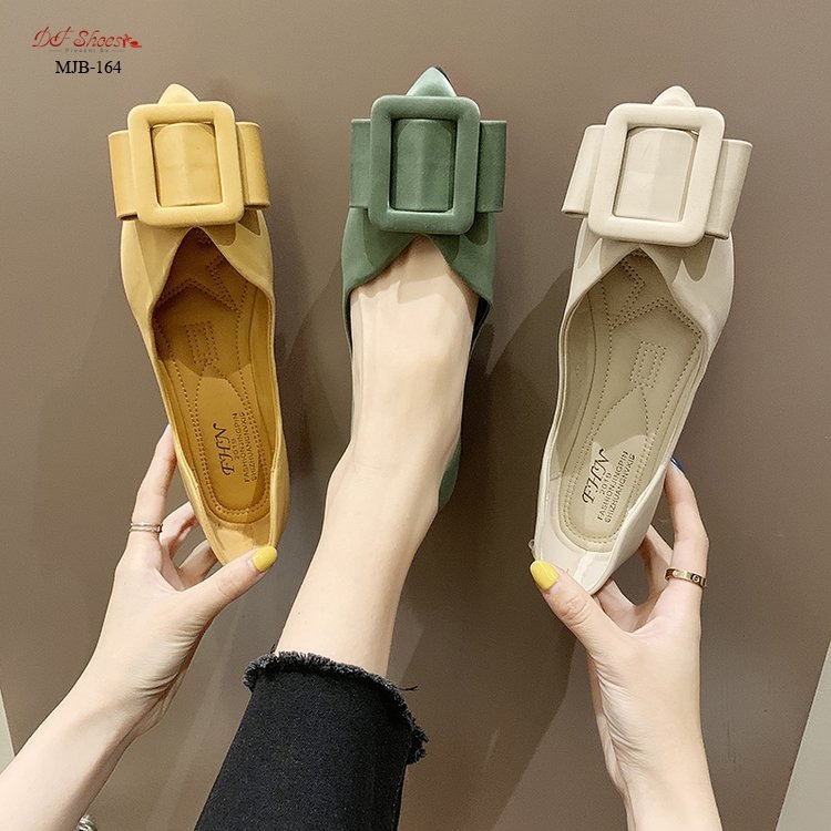 รองเท้าคัทชูส้นแบนแต่งโบว์เข็มขัด (สีเขียว)