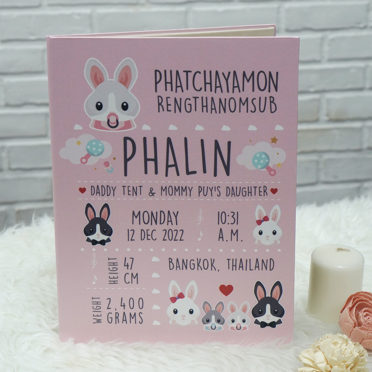 แฟ้มทะเบียนสมรส/สูติบัตร สั่งทำใส่ข้อความ ลาย Rabbit - Pink