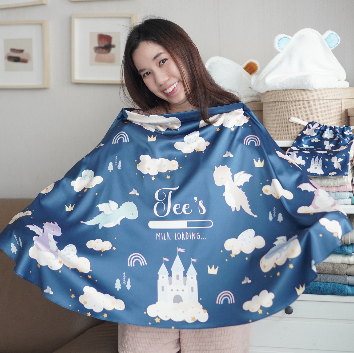 ผ้าคลุมให้นม 3in1 (รุ่นมีกระดุม ถอดโครงได้) แบบสั่งทำใส่ชื่อ ลาย Dragon - Navy