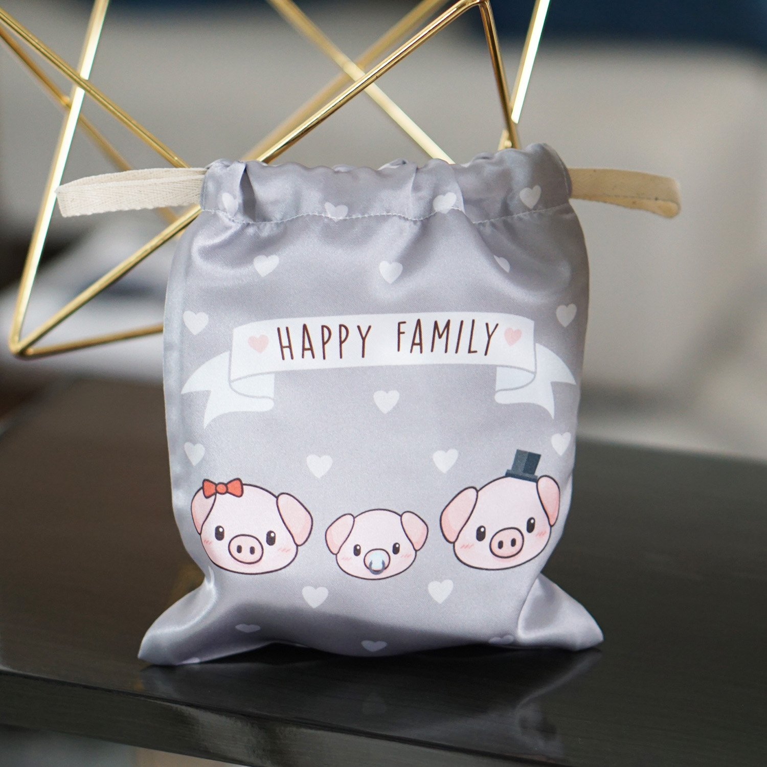 ถุงผ้าซาติน ลาย Pig - Grey
