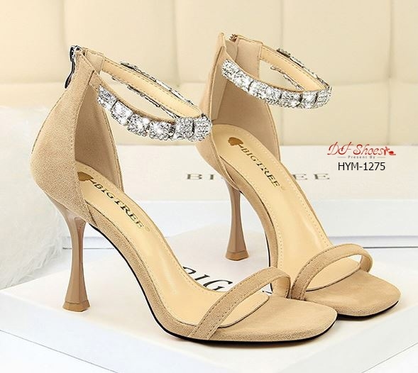 รองเท้าส้นสูงแต่งอะไหล่เพชรรัดข้อ (สีชมพู)