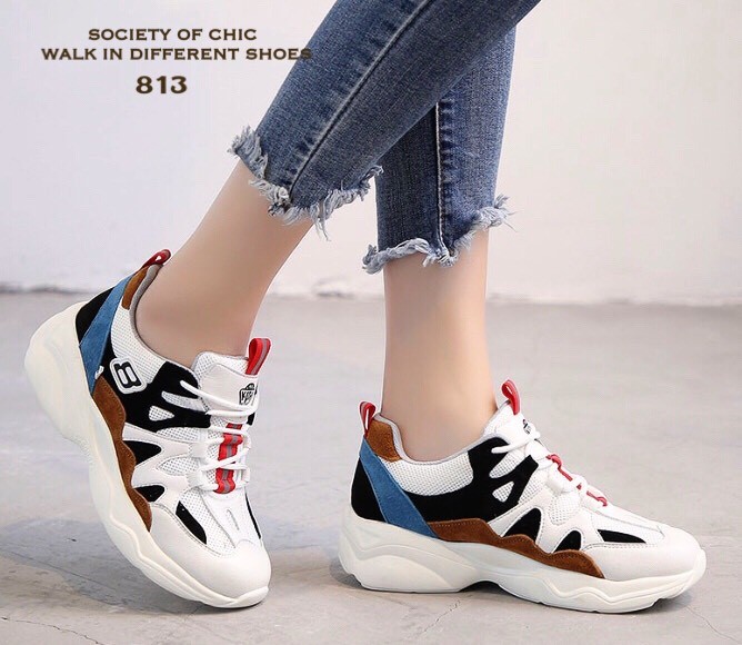 รองเท้าผ้าใบทรง Sportแต่งสี (สีน้ำตาล)