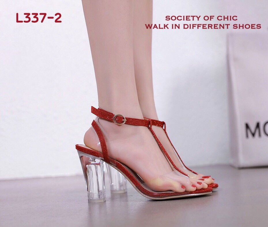 รองเท้าส้นสูง T-Strap กลิตเตอร์ (สีดำ)