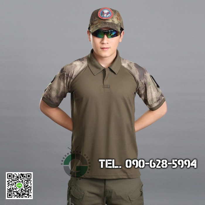 เสื้อโปโลแทคติคอล สีเขียวทหาร แขนลายพราง ATACS