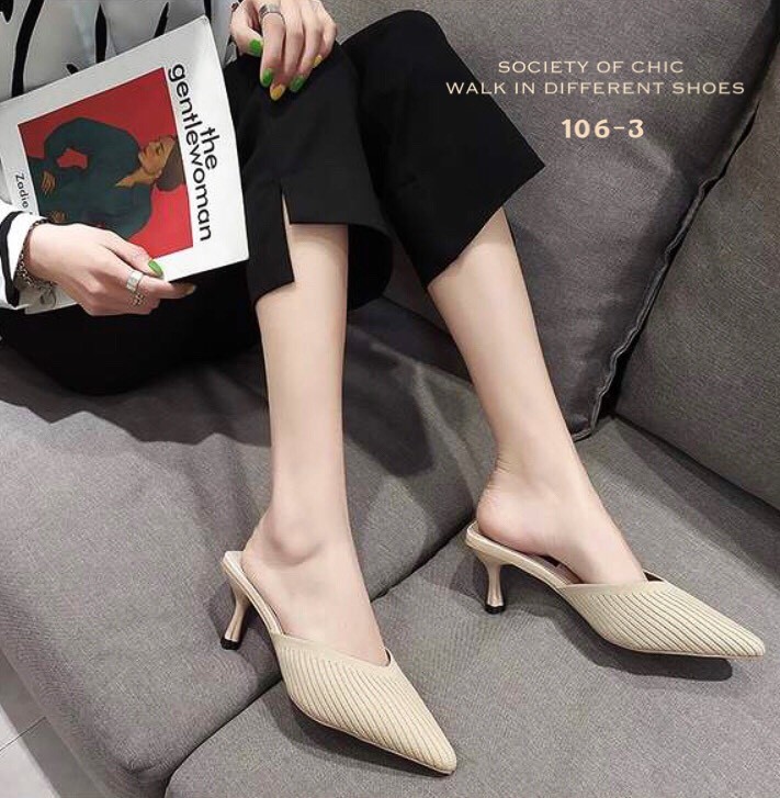 รองเท้าเปิดส้นแต่งผ้าร่อง (สีกากี)