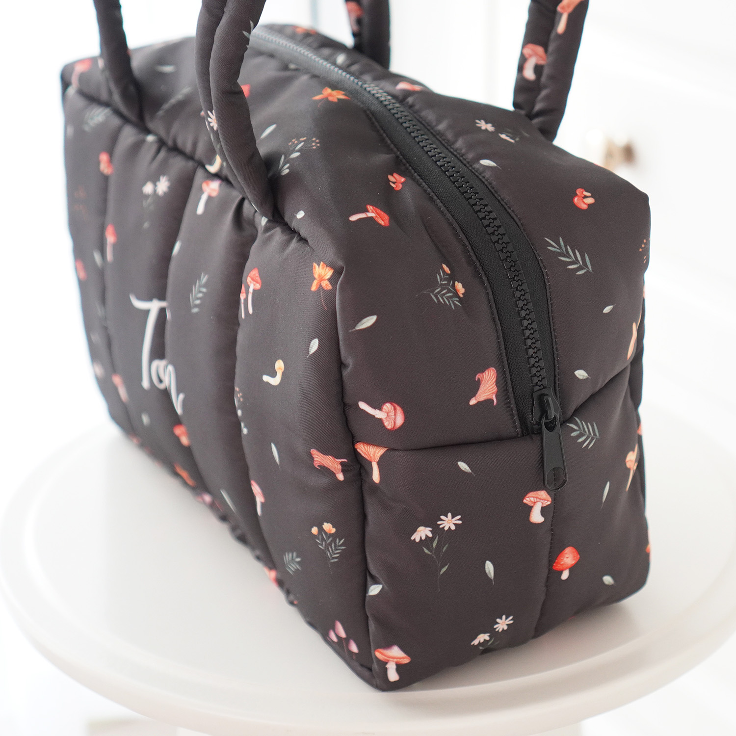 Fluffy Bowling Bag กระเป๋านุ่มนิ่ม ทรง Bowling สั่งทำใส่ข้อความ ลาย Mushroom - Brown