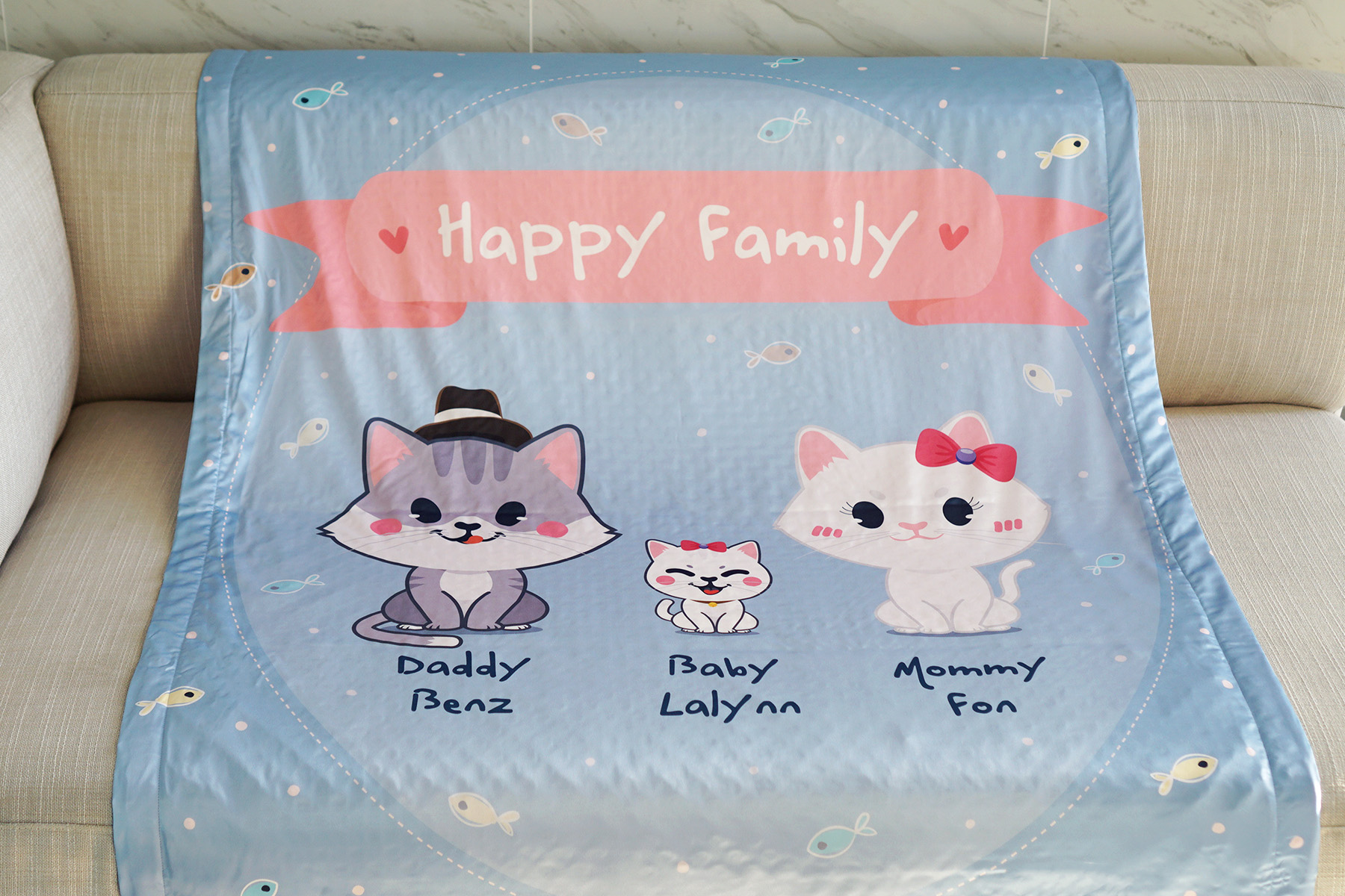 ผ้าห่มสั่งทำใส่ชื่อ ลาย Kitten Family - Blue