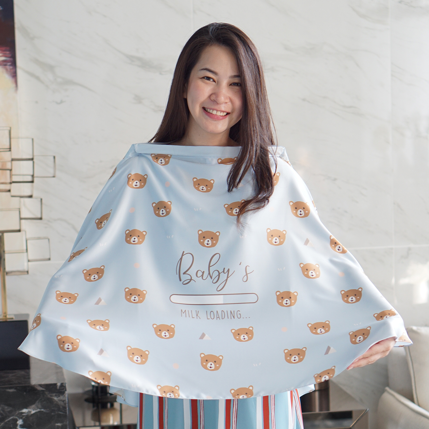ผ้าคลุมให้นม สั่งทำใส่ชือ ลาย Pattern - Teddy - Blue
