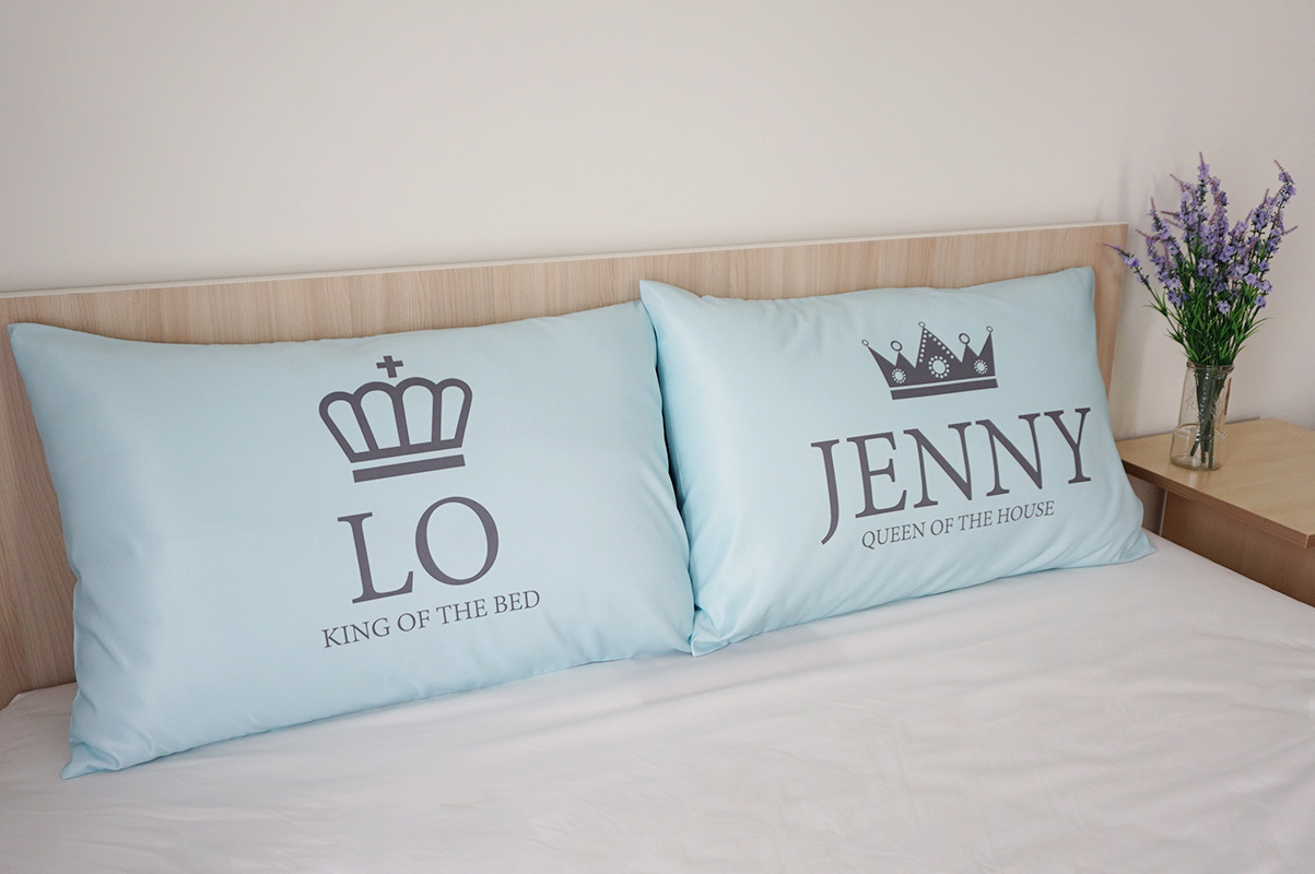 ปลอกหมอนหนุนคู่ พิมพ์สีเต็มผืน Mint - King & Queen