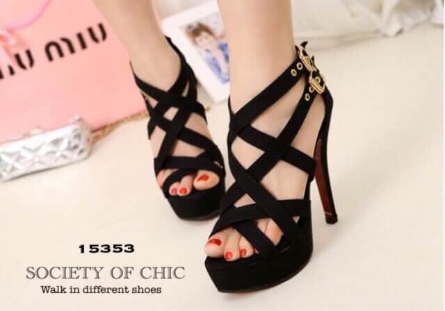 รองเท้าส้นสูงหน้าไข้ว2ชั้น (สีดำ)