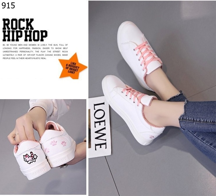 รองเท้าผ้าใบPUลายแมว (สีฟ้า)