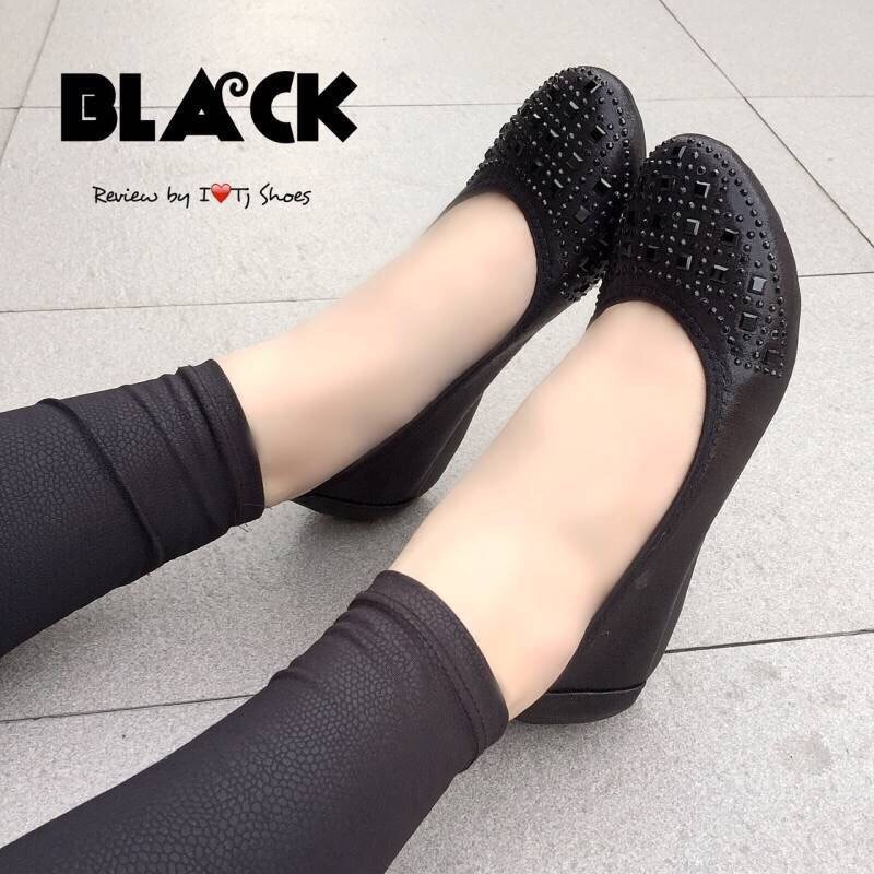 พร้อมส่ง : รองเท้าคัชชูเสริมส้นประดับเก๋ๆ (สีดำ)
