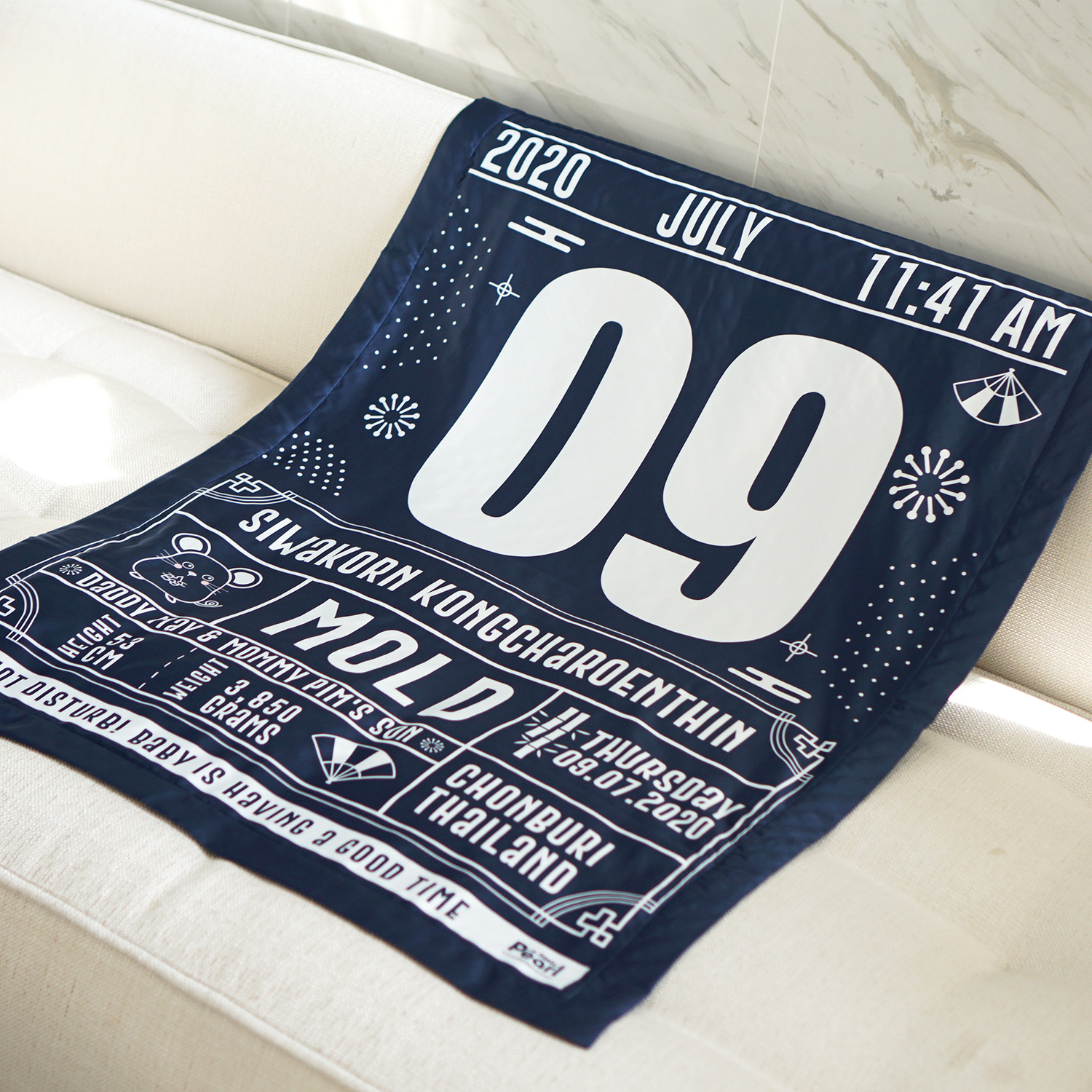 ผ้าห่มเด็ก ใส่ประวัติแรกเกิด ลาย Chinese Calendar - Navy